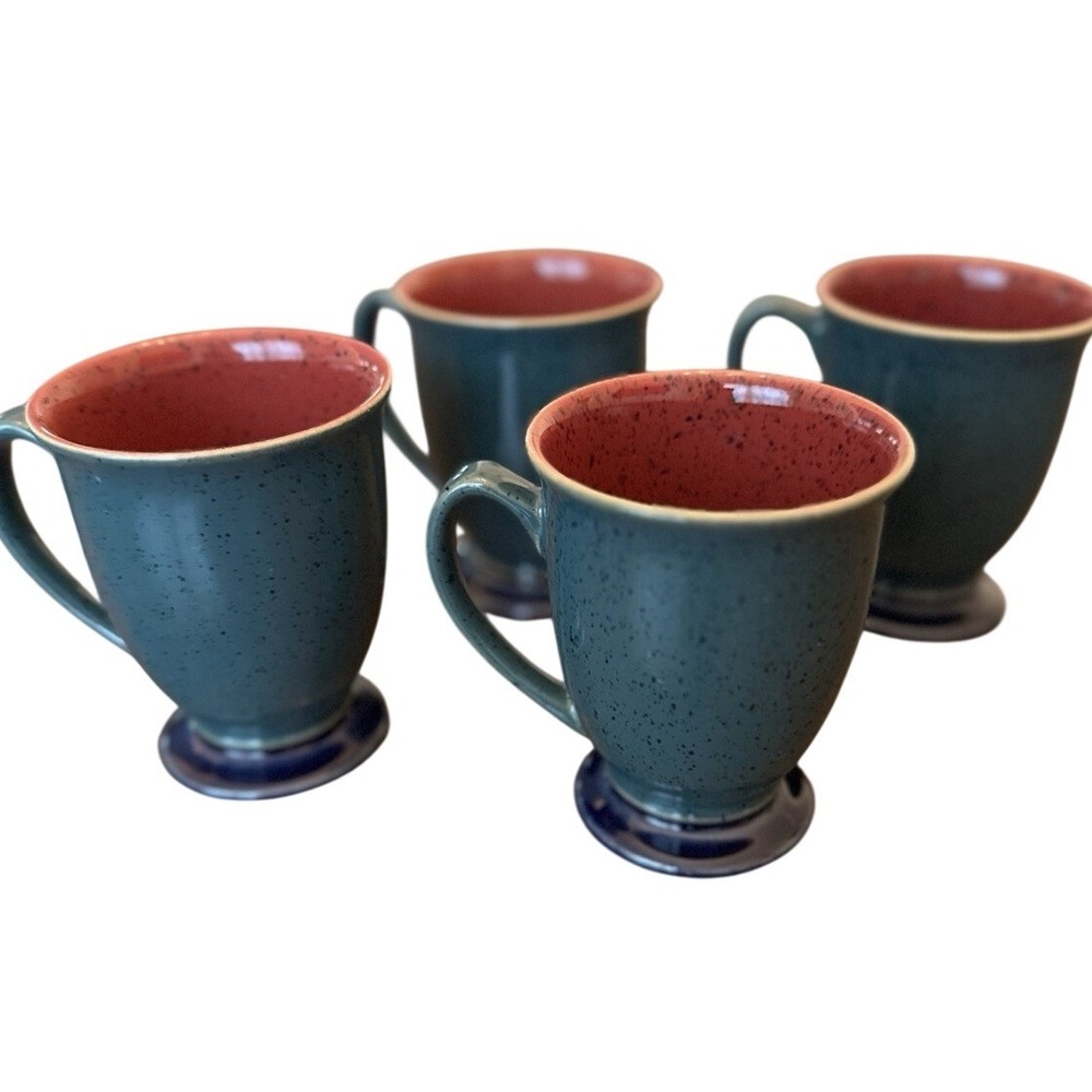 Denby Vintage Footed Coffee Mug Set of 4 Teal Pink Cobalt Blue England Excellent